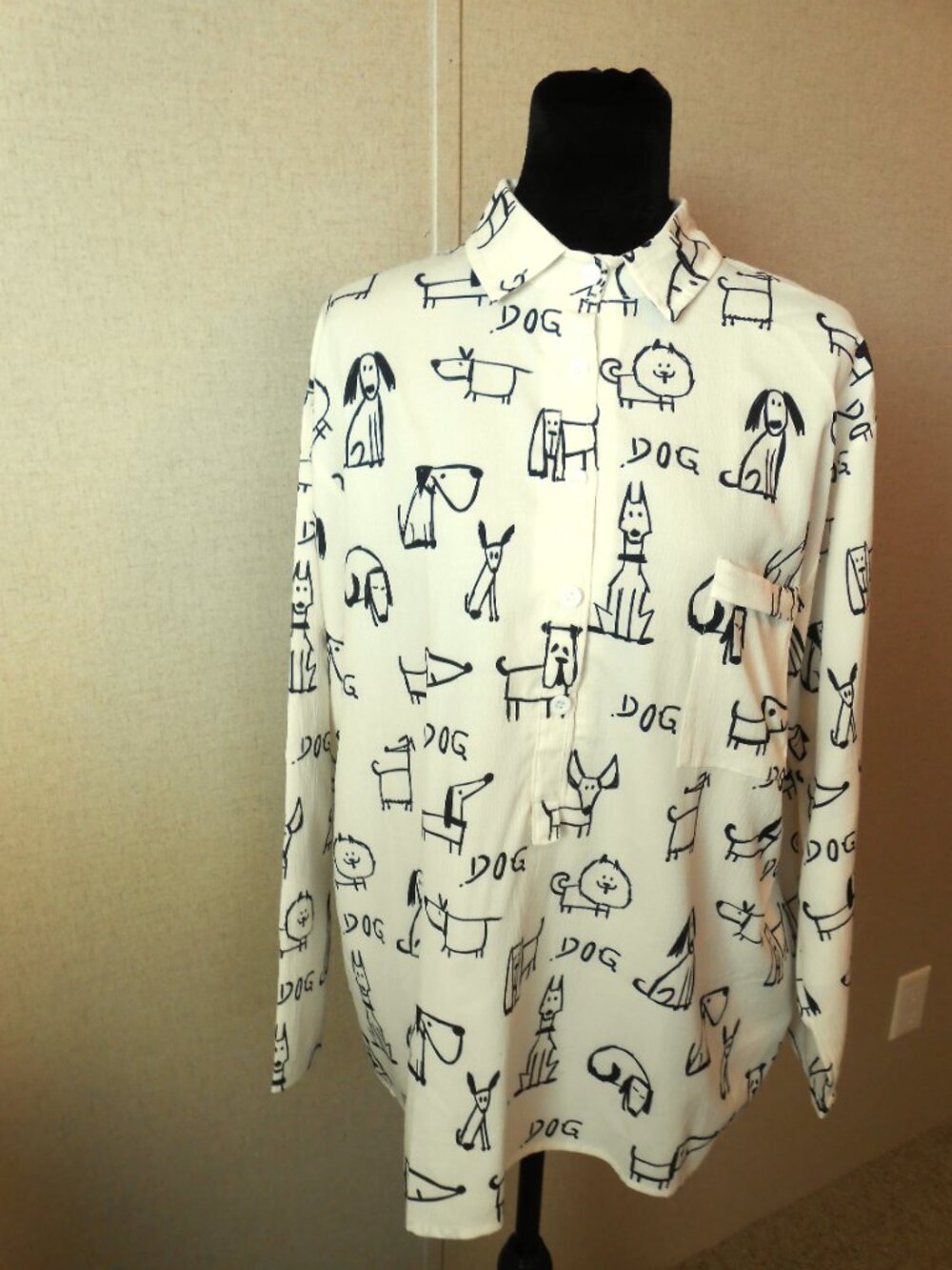 Cream Colored Black Line Dog Print Shirt Size L